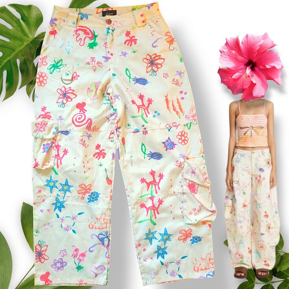 Doodle Print Cream Cargo Pants, Sz M-L